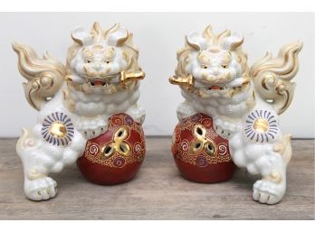 Pair Of Gorgeous Ceramic Asian Foo Dog Lion Statues Stamped On The Bottom