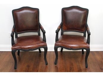 Pair Of Restoration Hardware Distressed Brown Leather Arm Chairs  24 X 22 39