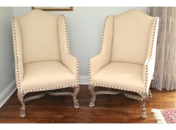 Pair Of Large Cream Colored Wingback Side Chairs With Nailhead Trim 28 X 29 X 46