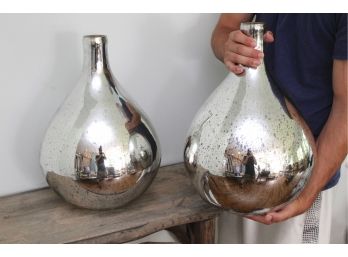 Pair Of Large Mercury Mirrored Glass Flower Vases 12 X19