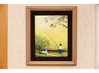 Charles Parthesius Enamel On Copper Painting Boy Fishing With Girl Framed 12 X 13