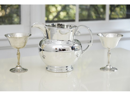 Silver Tone Pitcher With Pair Of Matching Chalice Cups