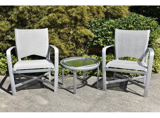 Brown Jordan Matching Pair Of Outdoor Chairs With Side Table