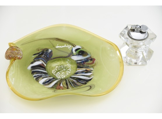 Murano Style Swirl Glass Cigar Ashtray With Crystal Lighter