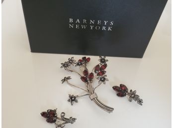 Matching Earrings And Brooch Sterling Silver And Red Garnet