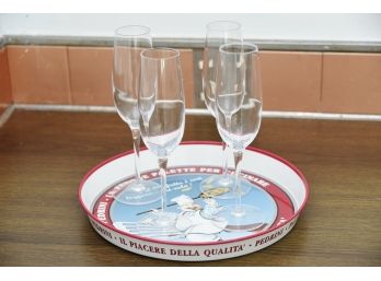 Four Champagne Glasses With Vintage Serving Tray