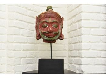 Wooden Mask Sculpture On Stand With Base