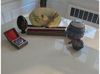 Collection Of Asian Items Including Fan, Ink Blotter And More