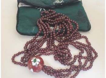 Cherry Beaded Necklace With Cloisonné Pendant
