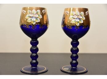 Pair Of Bohemian Glass Hand Painted Wine Glasses
