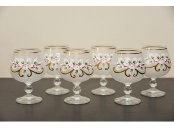 Set Of 6 Hand Painted Frosted Glass Brandy Sniffters