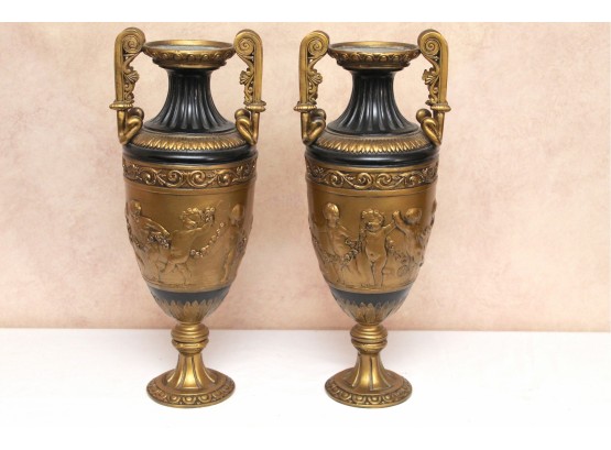 Pair Of Large Hand Painted Cast Metal Dual Swan Handle Cherub Footed Vases By Connoisseur Collection 19'tall