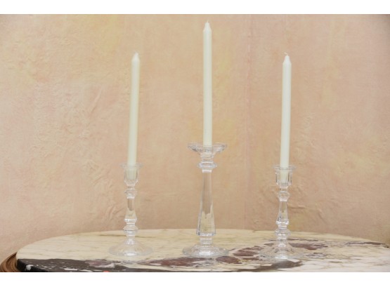 Lovely Trio Of Glass Crystal Candlesticks With Candles