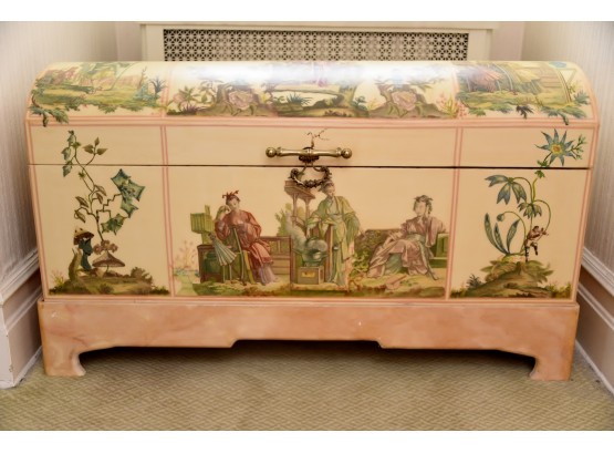 Amazing Asian Hand Painted Silk Lined Resin Storage Trunk On Pedestal