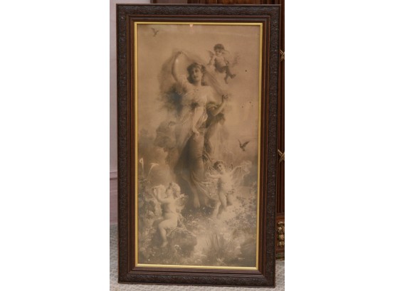 Framed Goddess And Her Cherubs - 18 X 32