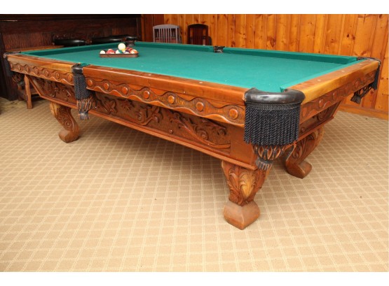 Solid Oak Slate Pool Table With Leather Pockets
