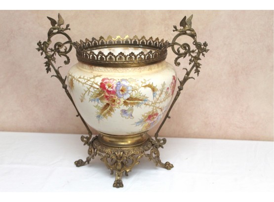 Large Hand Painted Planter With Brass Dragon Handles And Clawfoot Base