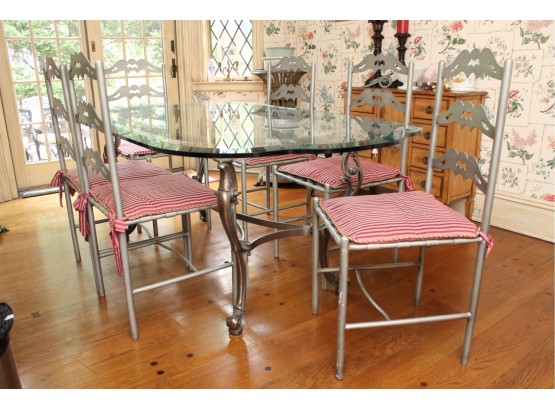 Wrought Iron Dining Table With Beveled Glass Top And Matching Chairs