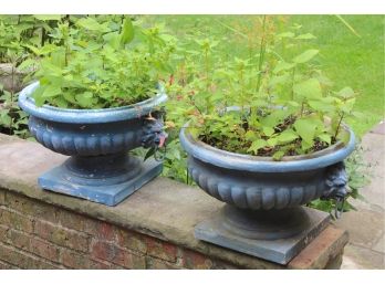 Matching Pair Of Blue Resin Outdoor Planters With Lion Head Handles 18 X 11