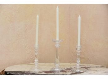 Lovely Trio Of Glass Crystal Candlesticks With Candles