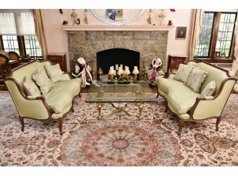 Matching Pair Of Conversational Silk Covered Sofa's And Throw Pillows