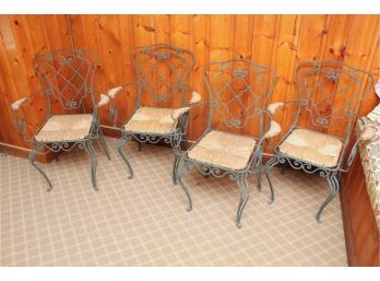 Gorgeous Set Of Antique Wrought Iron Cafe Chairs Featuring Rush Seating