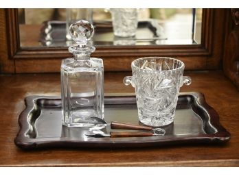 Crystal Decanter And Ice Bucket With Walnut Serving Tray