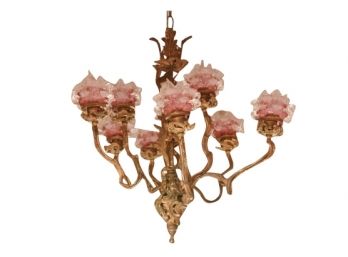 Antique Brass Chandelier With Rose Glass 24 W 32 D