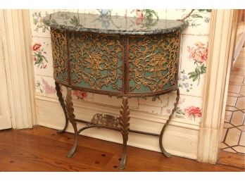 Gorgeous Brass And Wrought Iron Demilune Storage Table With Green Marble Top 30 X 13 X 30
