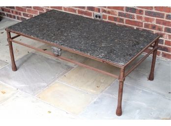 Vintage Wrought Iron Marble Top Outdoor Patio Table With Romanesque Embellishment