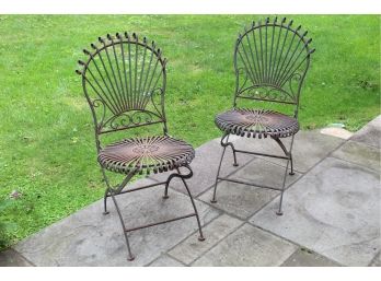 Matching Pair Of Vintage Wrought Iron Folding Patio Chairs 17 X 17 X 36
