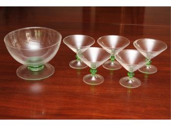 Vintage Green Stem Martini Glasses And Matching Bowl