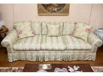 Custom Silk Taffeta Covered Sofa With Throw Pillows