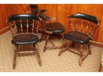 Antique Astra Bentwood Oak Barrel Chairs With Black Naugahyde Seats