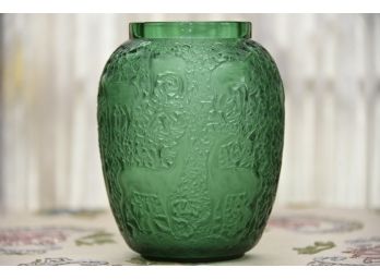 Lalique Emerald Green Birches Vase Etched Signed