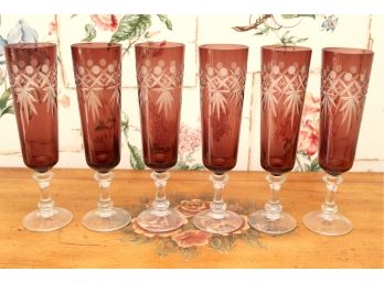 Six Cranberry Glass Drinking Glasses
