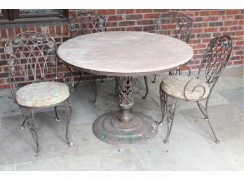 Vintage Wrought Iron Floral Design Patio Table With 4 Chairs