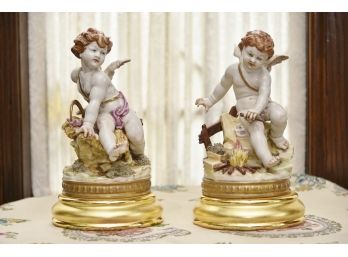 Pair Of  Italian Porcelain Algora Cherub Figurings On Gold Bases
