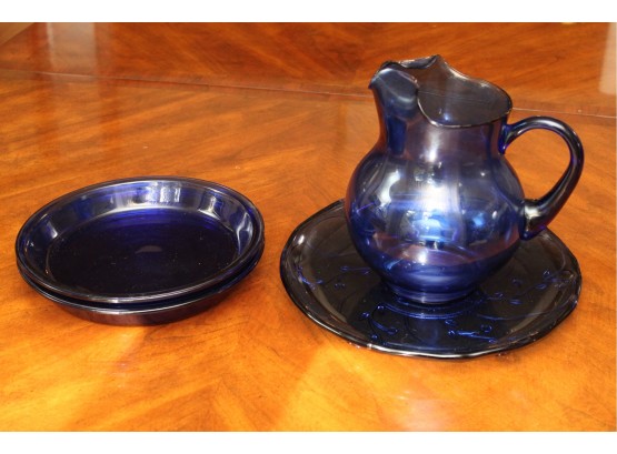 Blue Glass Pitcher With Anchor Hocking Plates