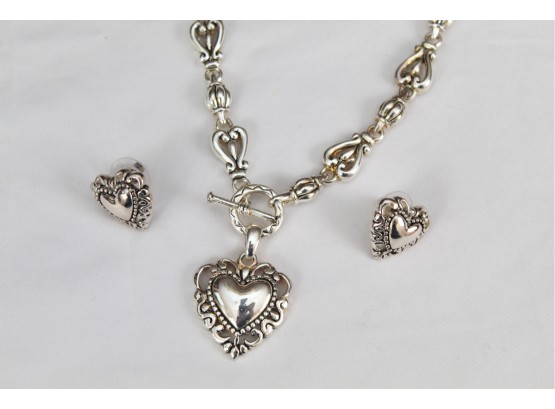 Matching Silver Colored Heart Necklace And Earrings (#5)