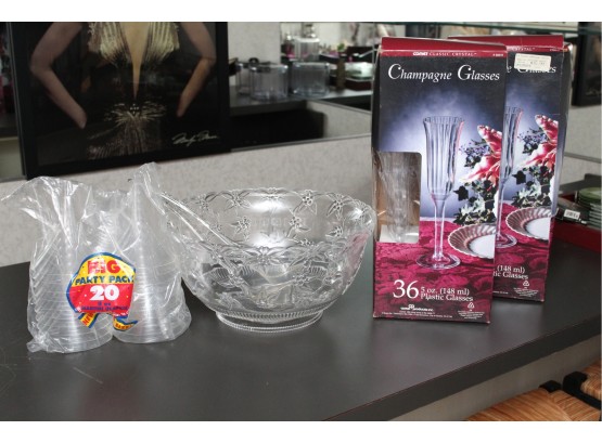 Plastic Punch Bowl, Champagne And Martini Glasses