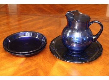 Blue Glass Pitcher With Anchor Hocking Plates