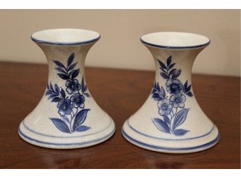 Pair Of Blue And White Crackled Candle Sticks Made In Japan