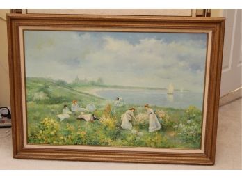 Jean Shea Oil On Canvas 'Coastline Picnic' Painting (Read) 41.5 X 29.5