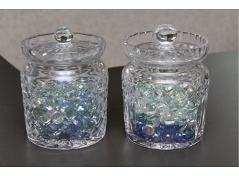 Pair Of Lidded Crystal Jars Filled With Glass Pebbles Including Waterford