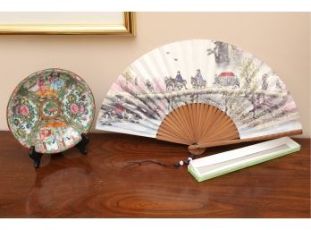 Hand Painted Asian Plate & Folding Fan Made In Korea