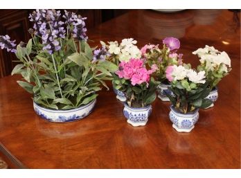 Group Of Blue & White Vase Faux Flower Arrangements