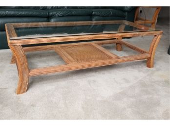 Glass Top Rattan Coffee Table With Cane Under Shelf 52 X 22.5 X 15