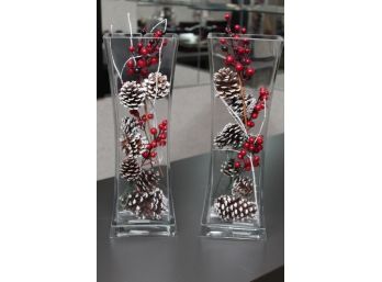 Pair Of Large Glass Vases With Frosted Pinecones