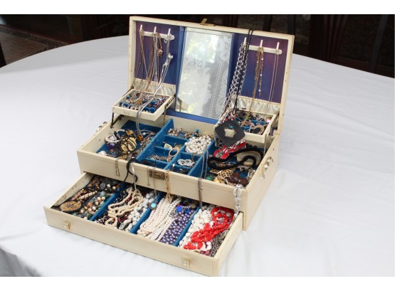 Huge Assortment Of Vintage Costume Jewelry Including Large Mirrored Jewelry Box